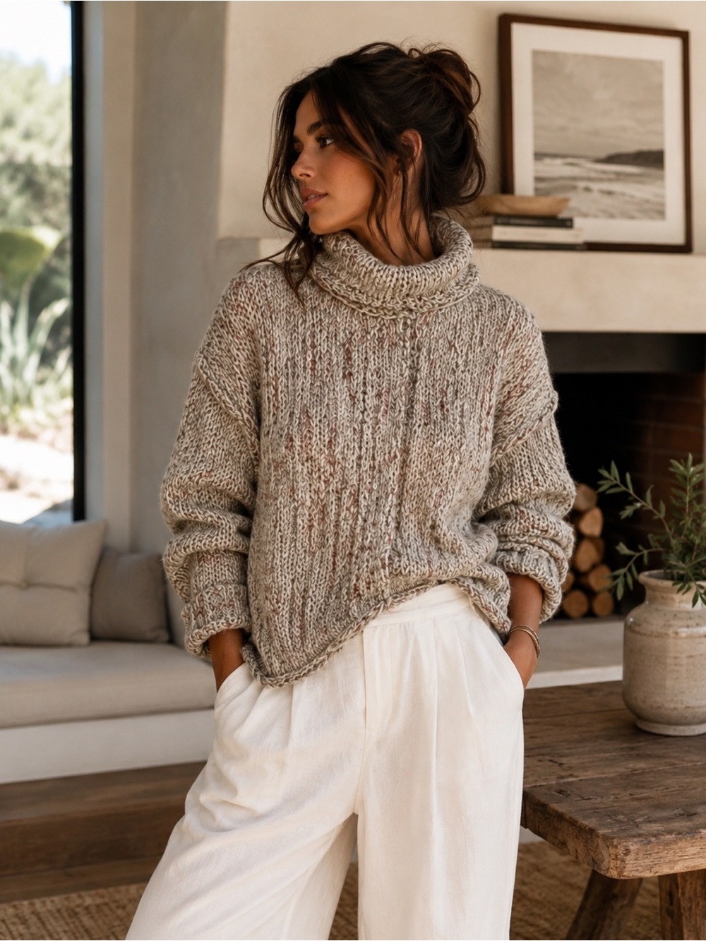 Anthropologie Pilcro Turtleneck Sweater Cream Brown Fleck Chunky Knit M